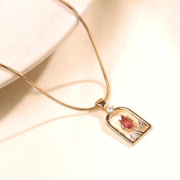 SALE 18k Stamped Gold Filled Crystal Tulip Framed Flower Pendant Necklace - Picture 3 of 8